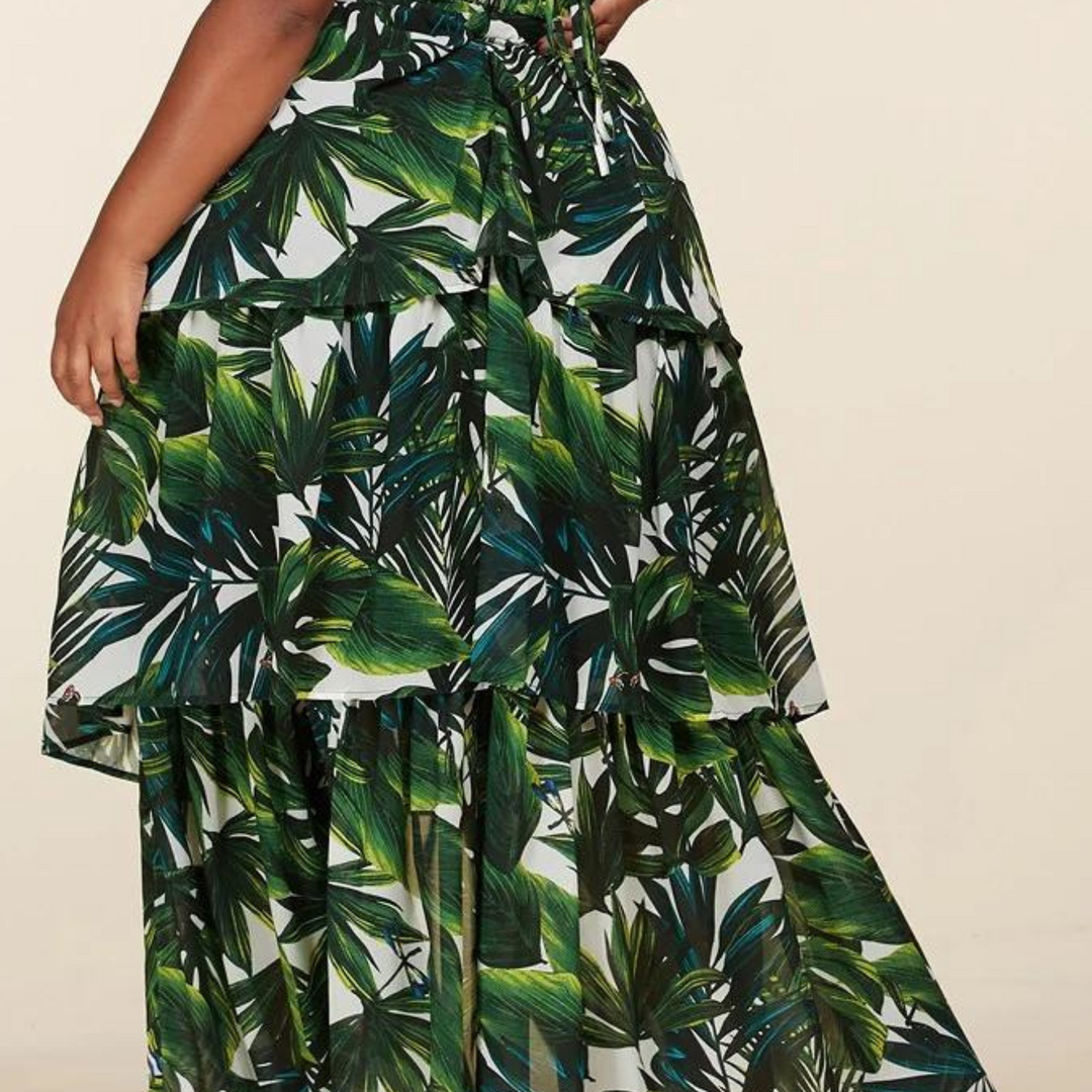 Sanvi Tropical Elegance Maxi Dress with Belted Cut-Outs